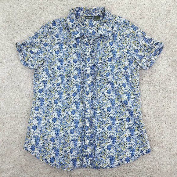 Eddie Bauer Shirt Women's Medium Blue Floral Button Front Short Sleeve Ruffle - Picture 1 of 8
